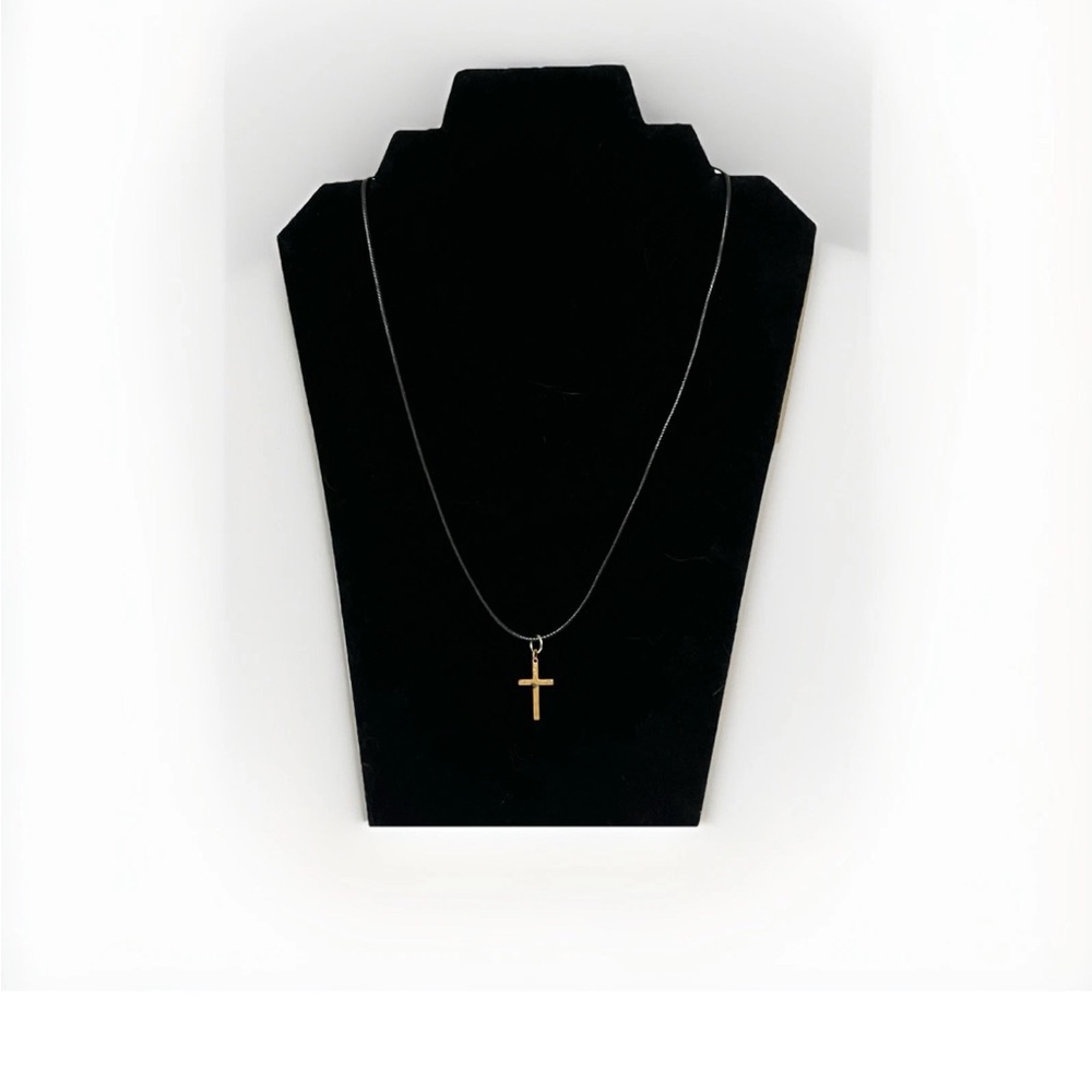 Vintage Gold Cross Silver Filled On Black Leather Cord. Vintage Religious.